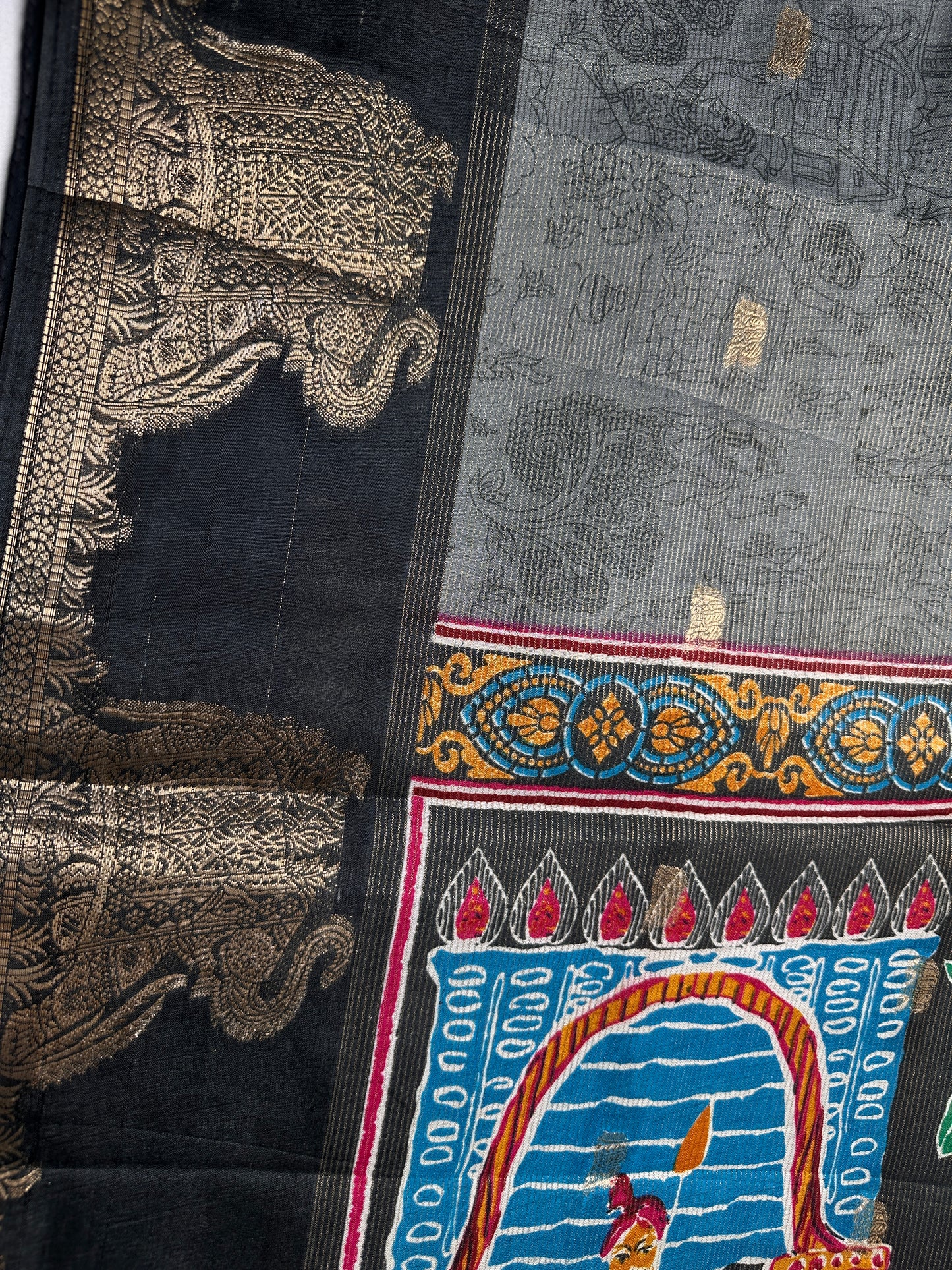 Kalamkari Cotton Silk Grey Black Saree - 