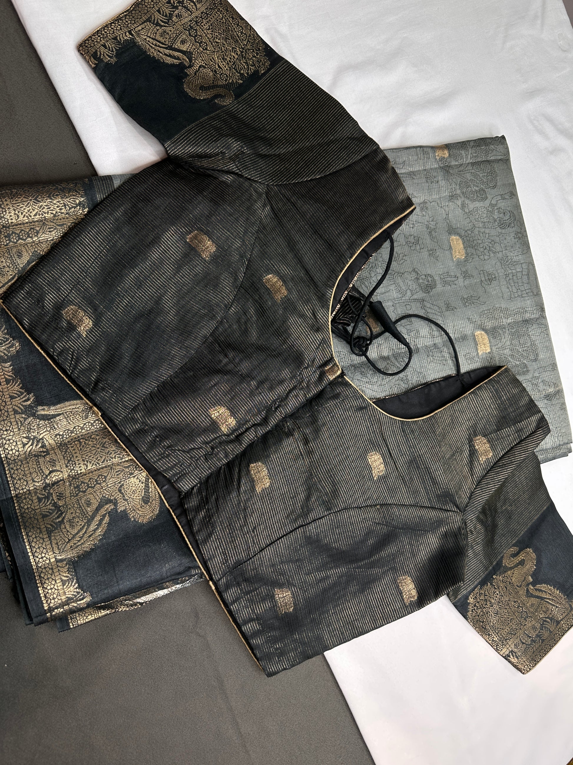 Kalamkari Cotton Silk Grey Black Saree - 