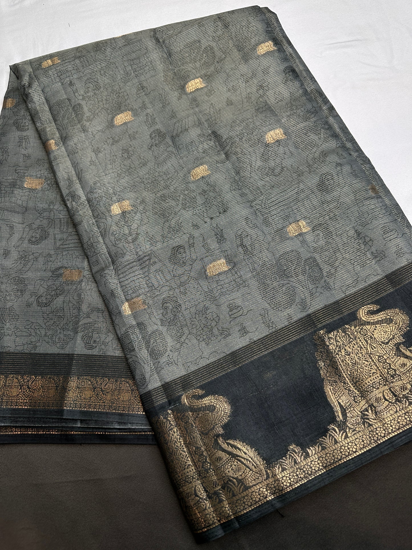 Kalamkari Cotton Silk Grey Black Saree - 