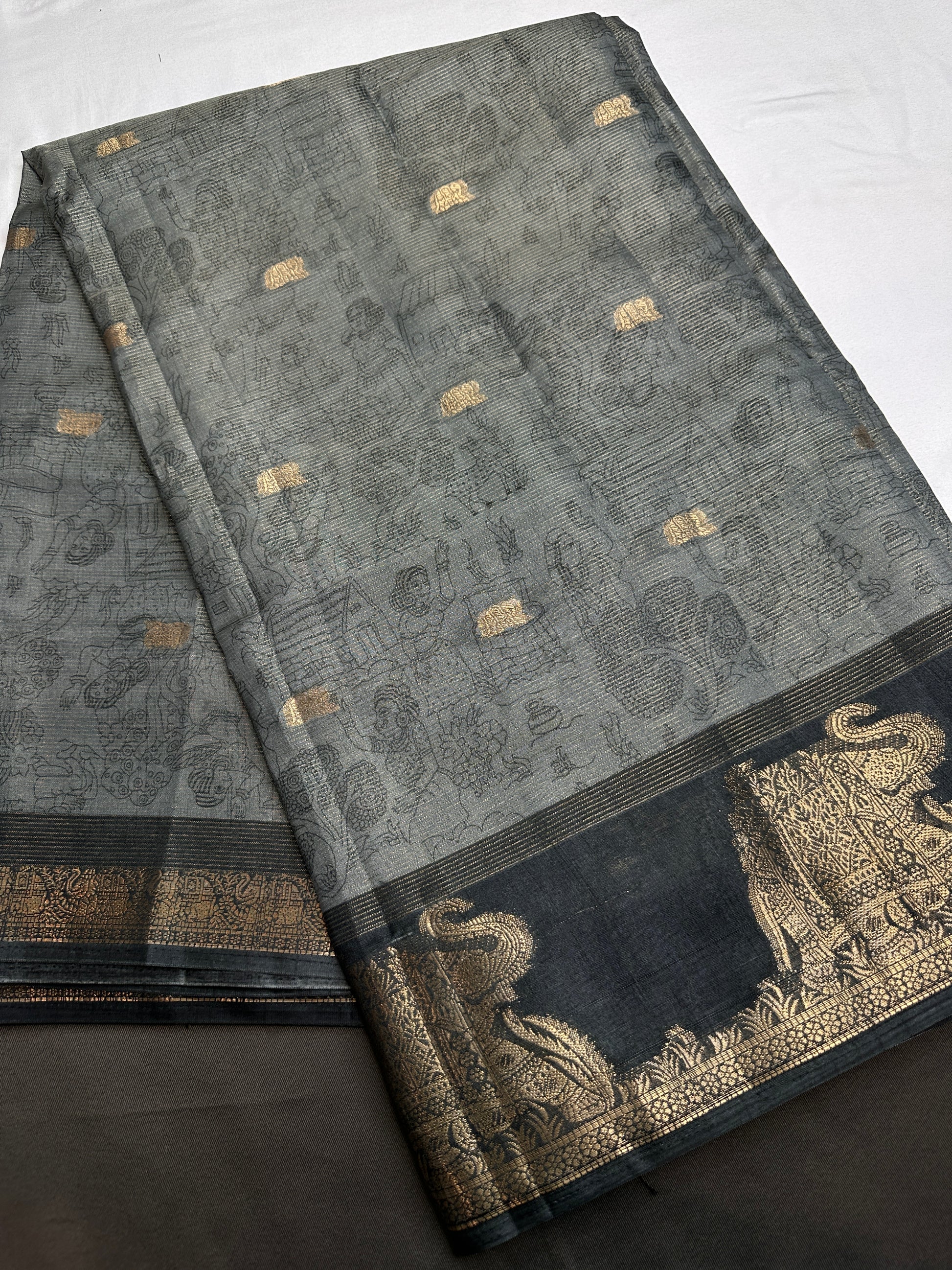 Kalamkari Cotton Silk Grey Black Saree - 