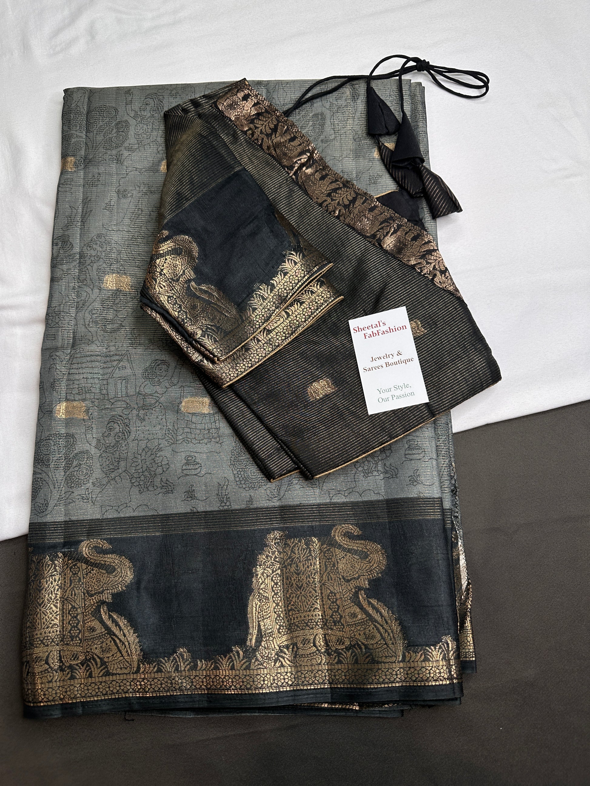 Kalamkari Cotton Silk Grey Black Saree - 
