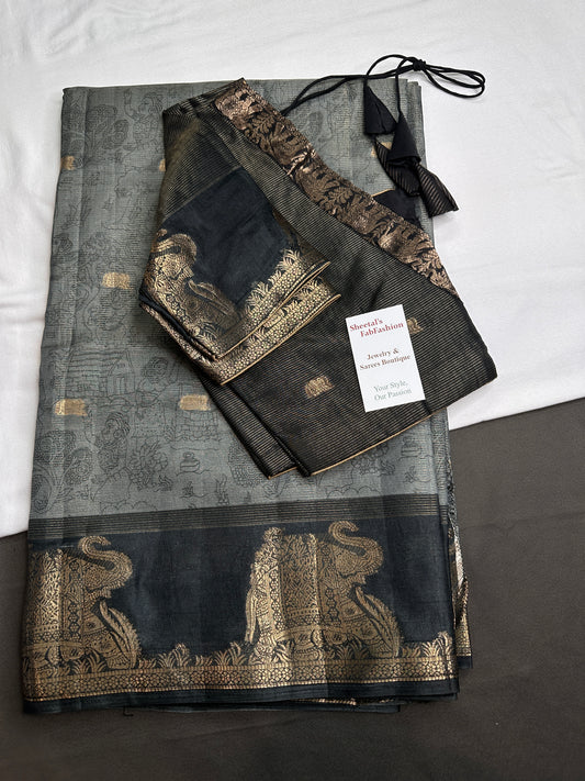 Kalamkari Cotton Silk Grey Black Saree - 