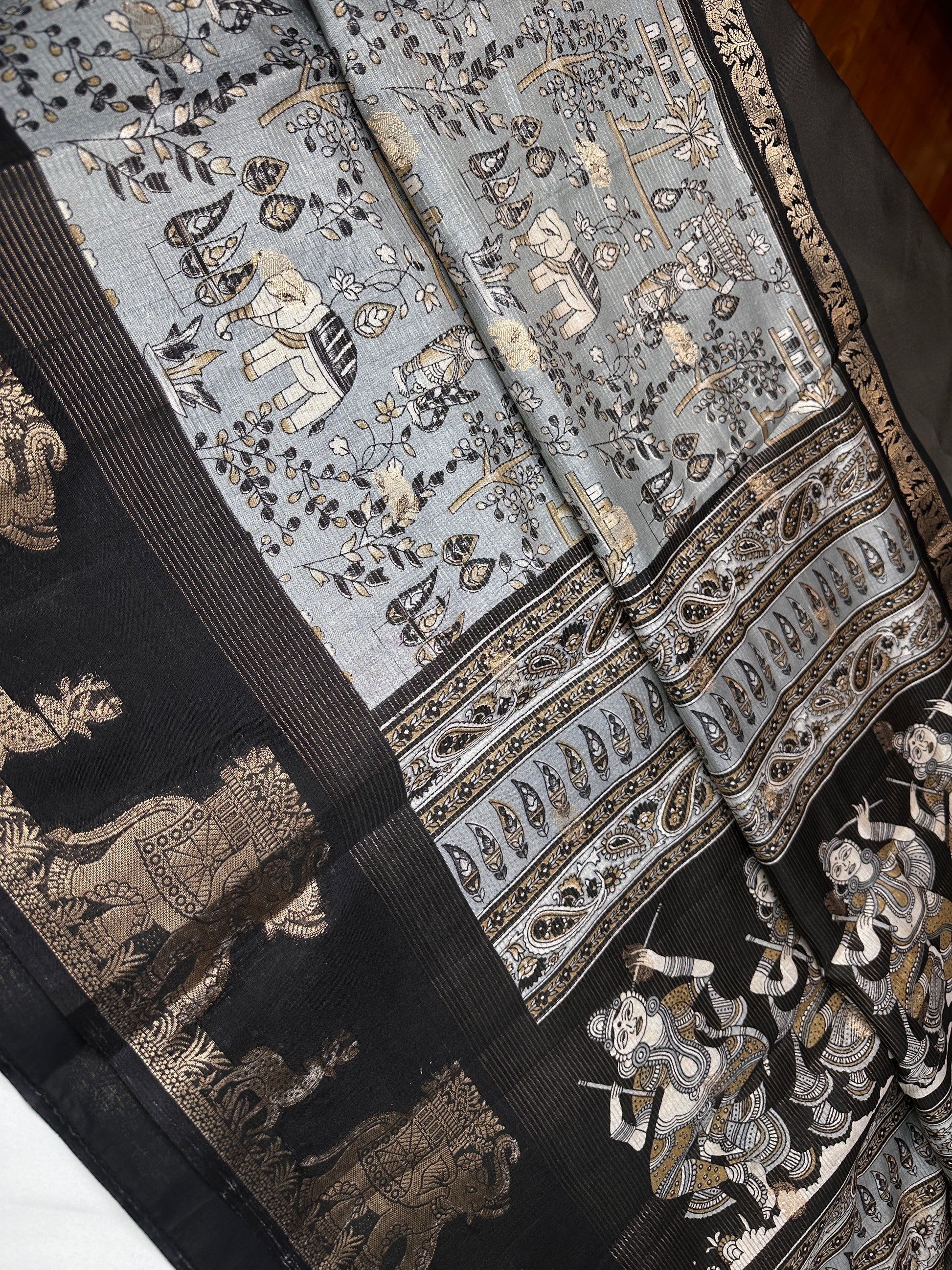 Kalamkari Cotton Silk Grey Black Saree - 