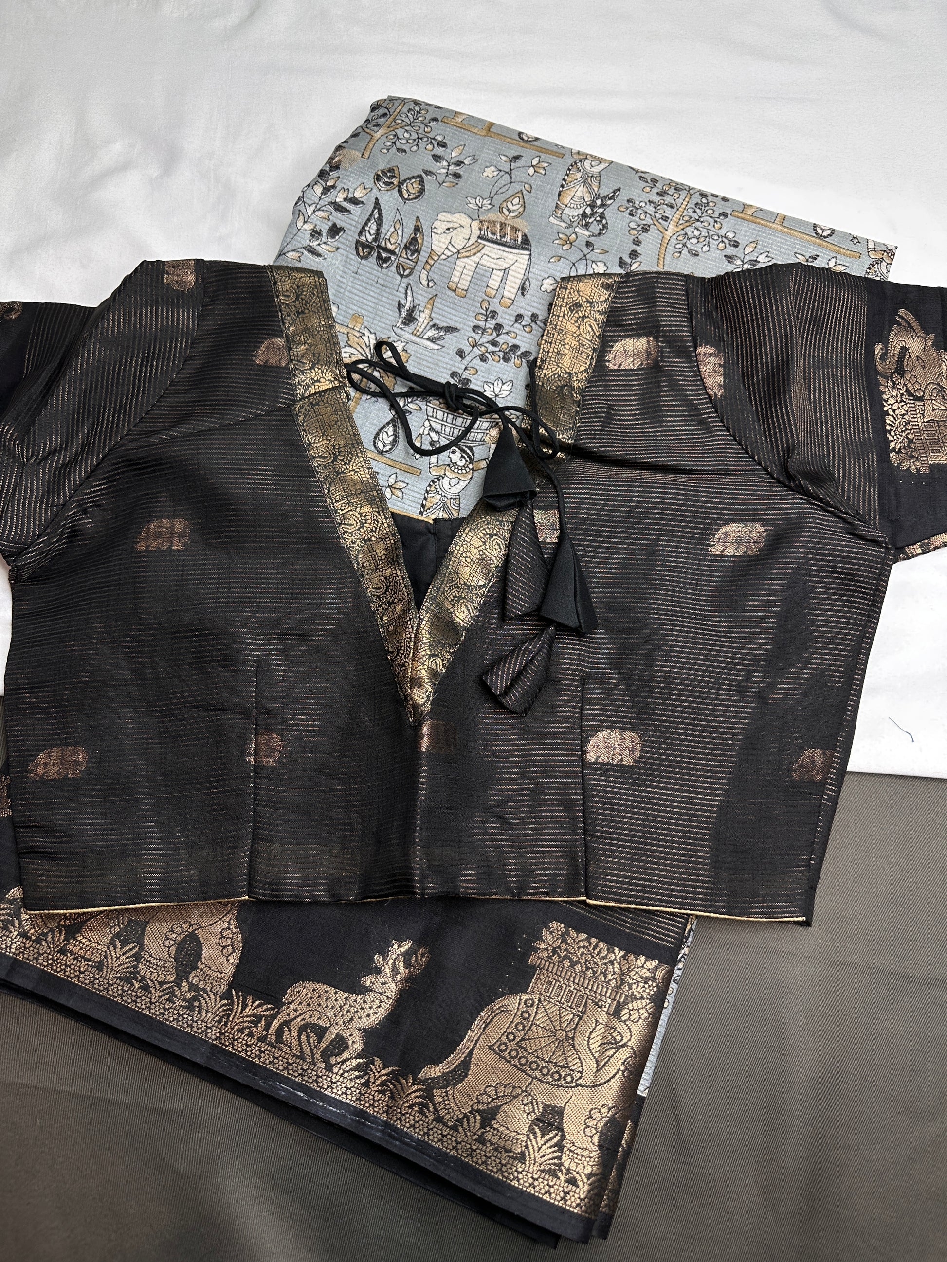 Kalamkari Cotton Silk Grey Black Saree - 