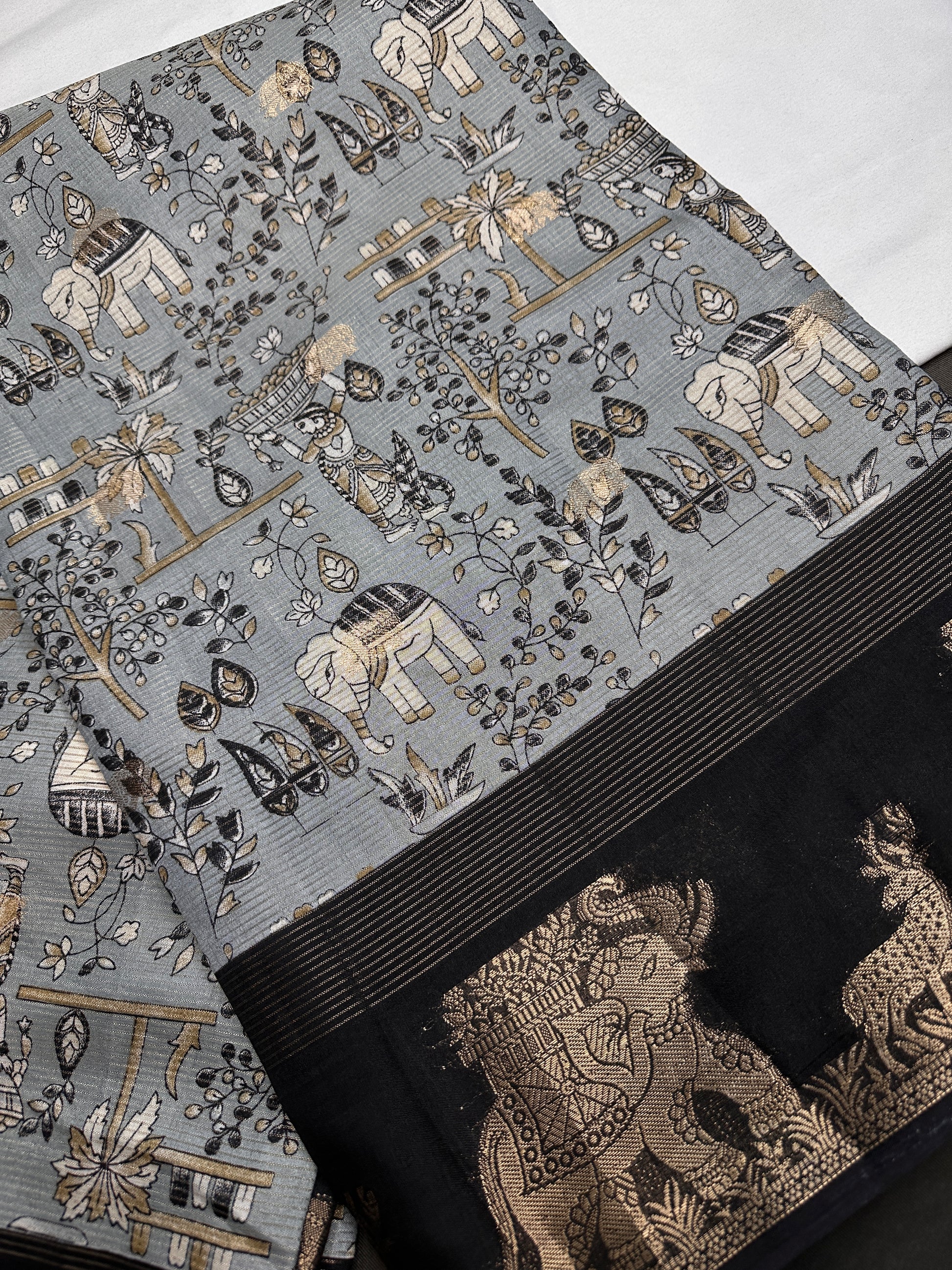 Kalamkari Cotton Silk Grey Black Saree - 