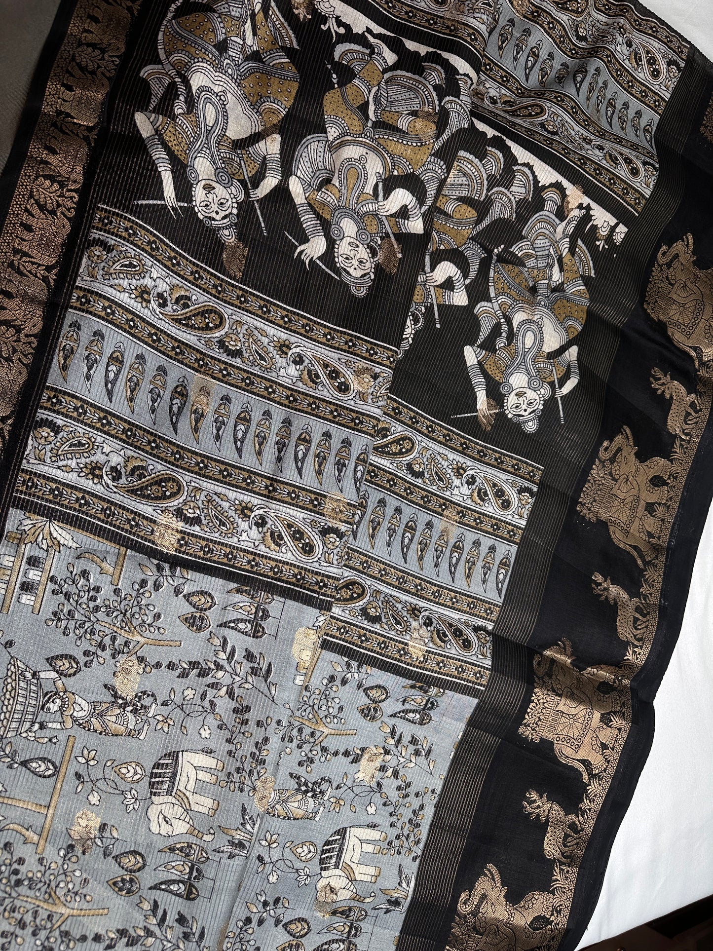 Kalamkari Cotton Silk Grey Black Saree - 