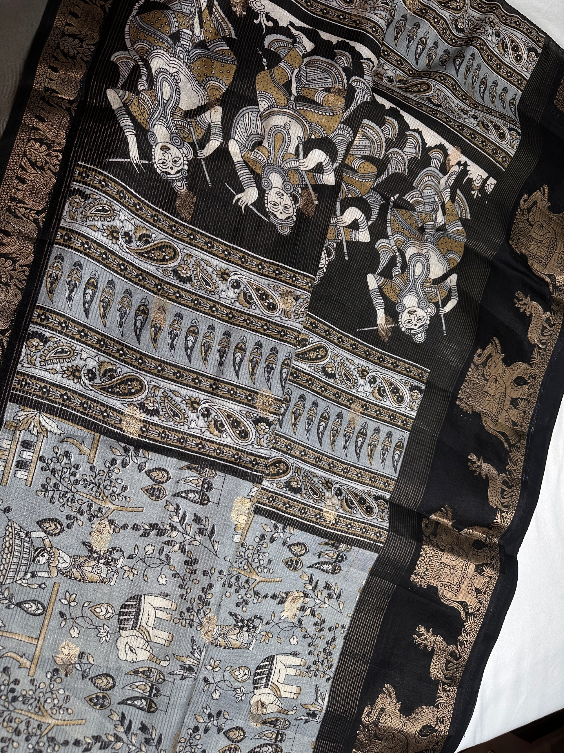 Kalamkari Cotton Silk Grey Black Saree - 
