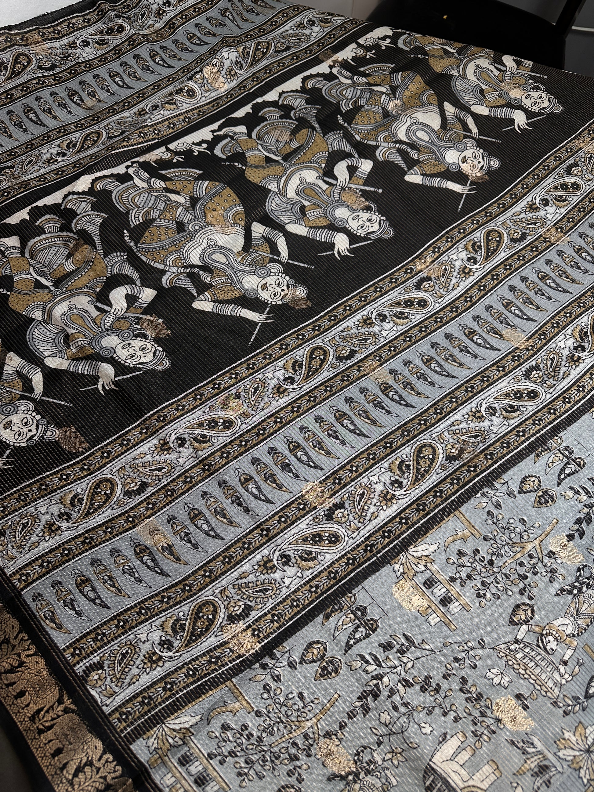 Kalamkari Cotton Silk Grey Black Saree - 