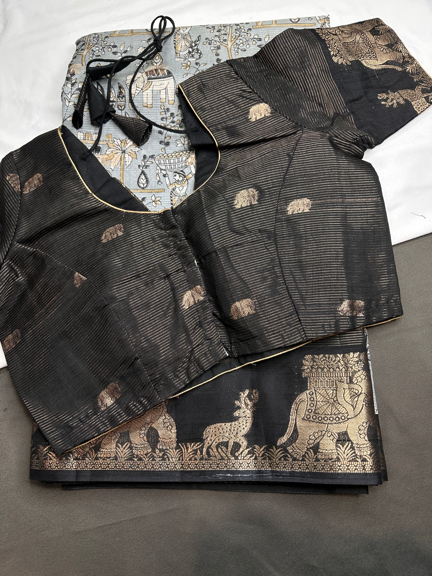 Kalamkari Cotton Silk Grey Black Saree - 