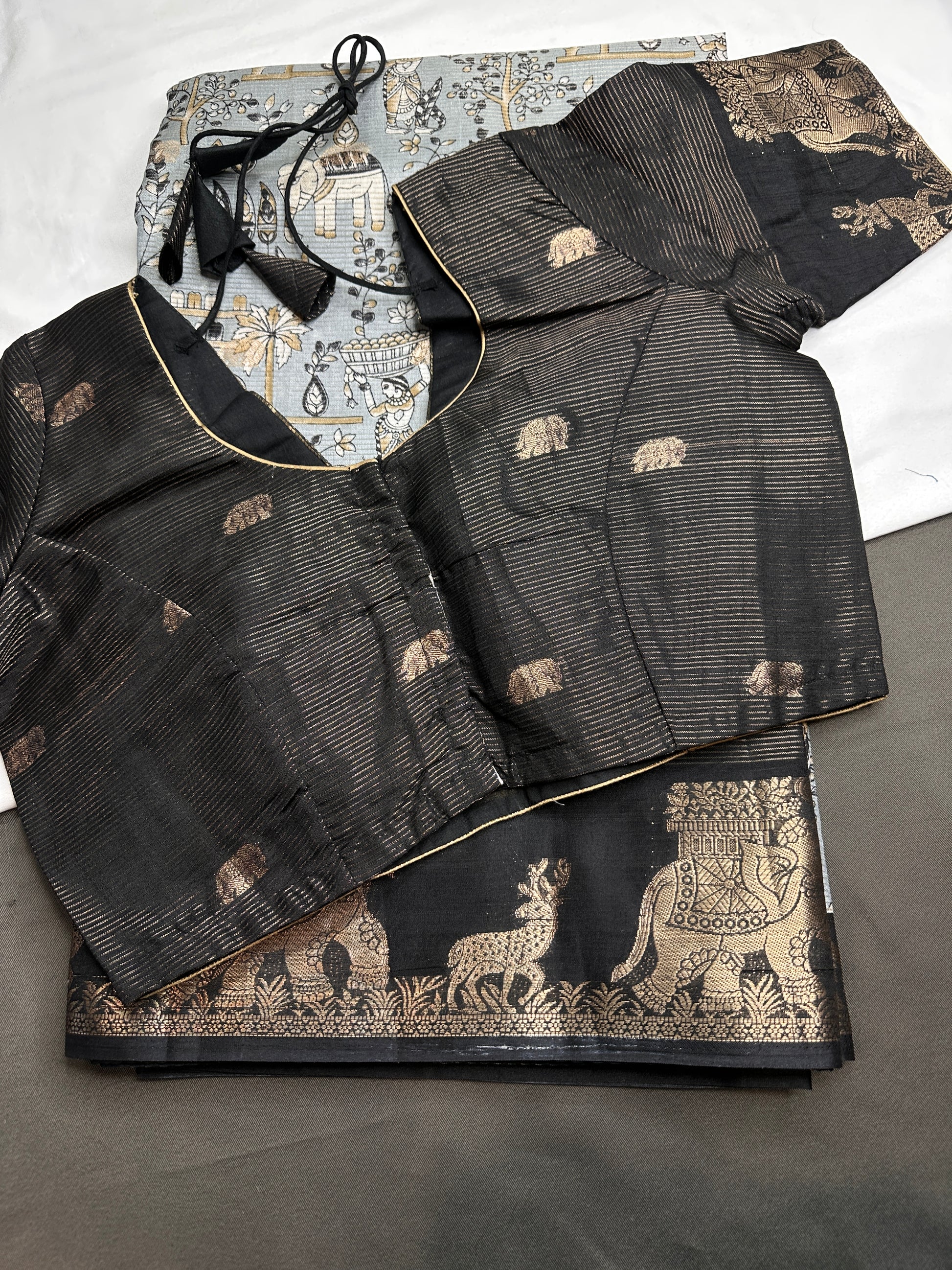 Kalamkari Cotton Silk Grey Black Saree - 