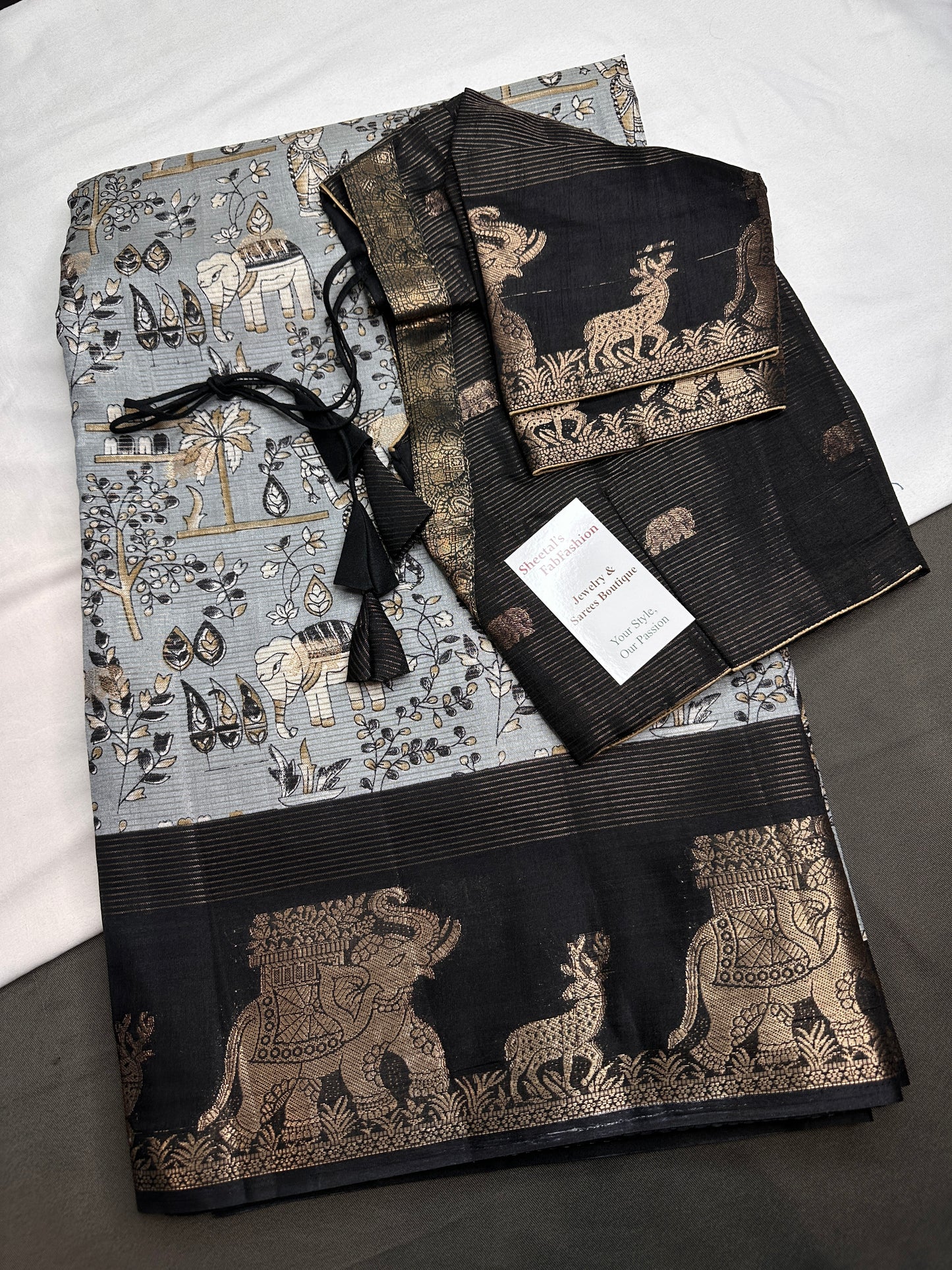 Kalamkari Cotton Silk Grey Black Saree - 