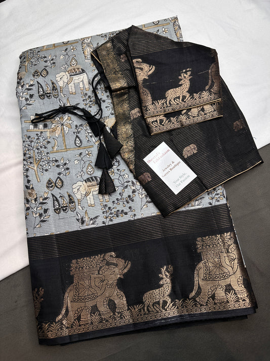 Kalamkari Cotton Silk Grey Black Saree - 