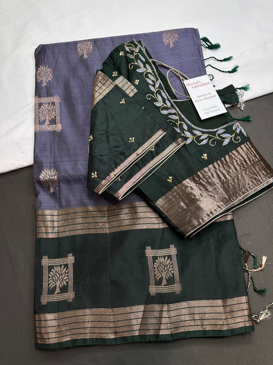 Greyish Blue Light Weight Kanchi Soft Silk  Saree - 