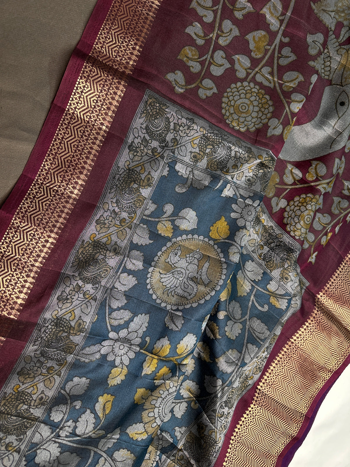 Blue Kalamkari Printed Light Weight Semi Tussar Saree - 