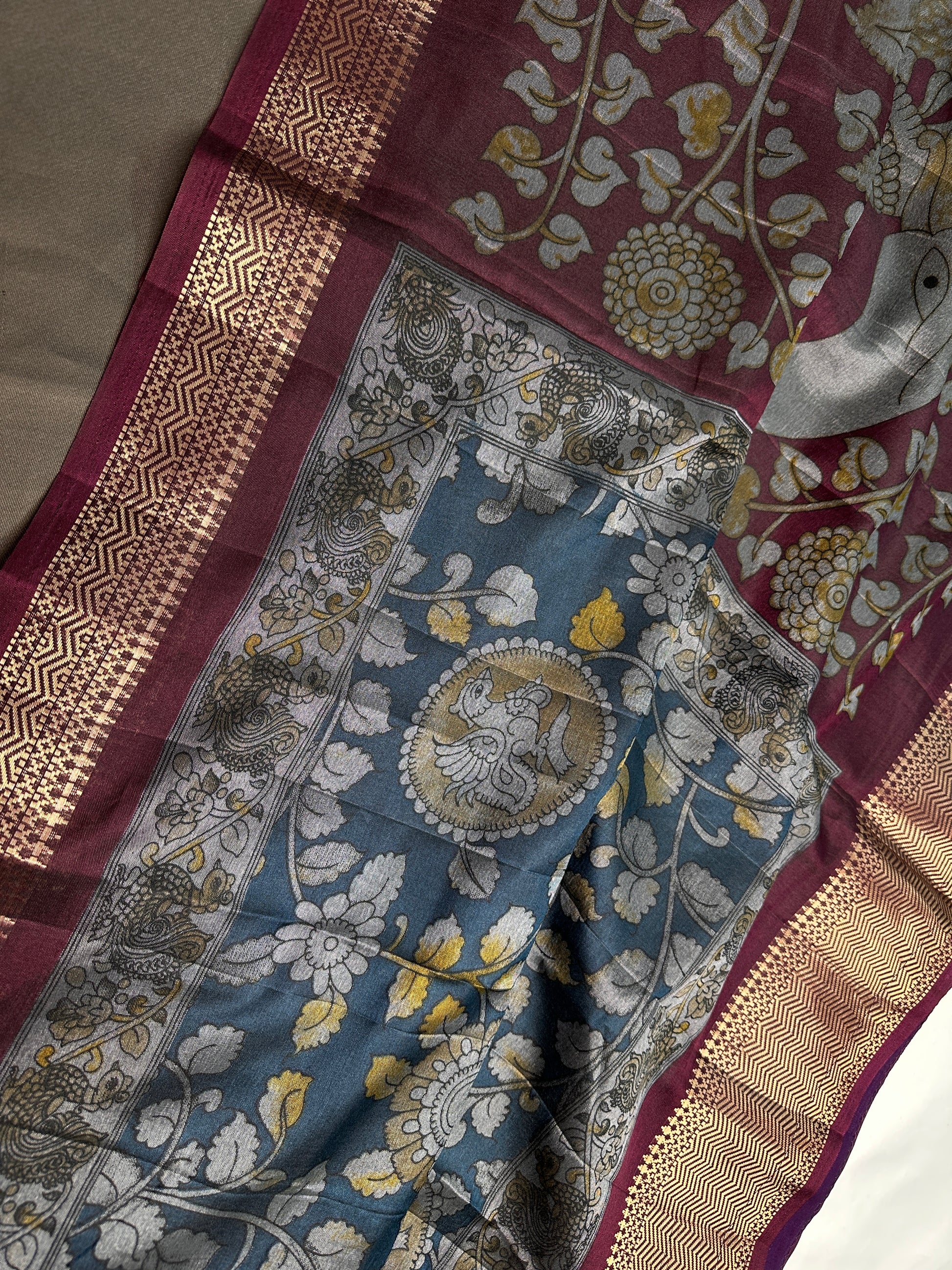 Blue Kalamkari Printed Light Weight Semi Tussar Saree - 