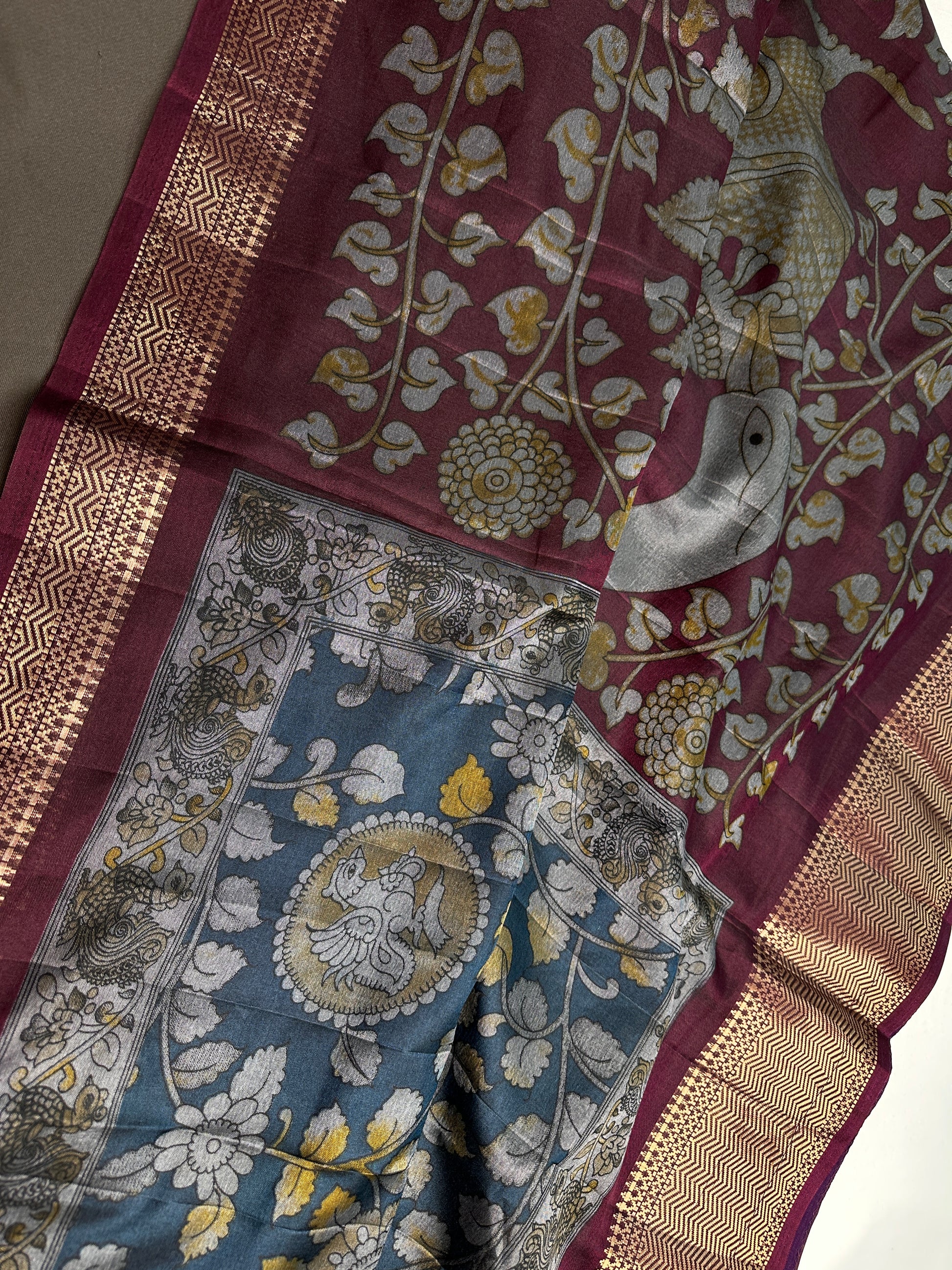 Blue Kalamkari Printed Light Weight Semi Tussar Saree - 