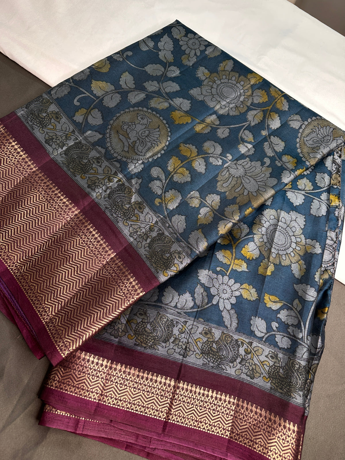 Blue Kalamkari Printed Light Weight Semi Tussar Saree - 