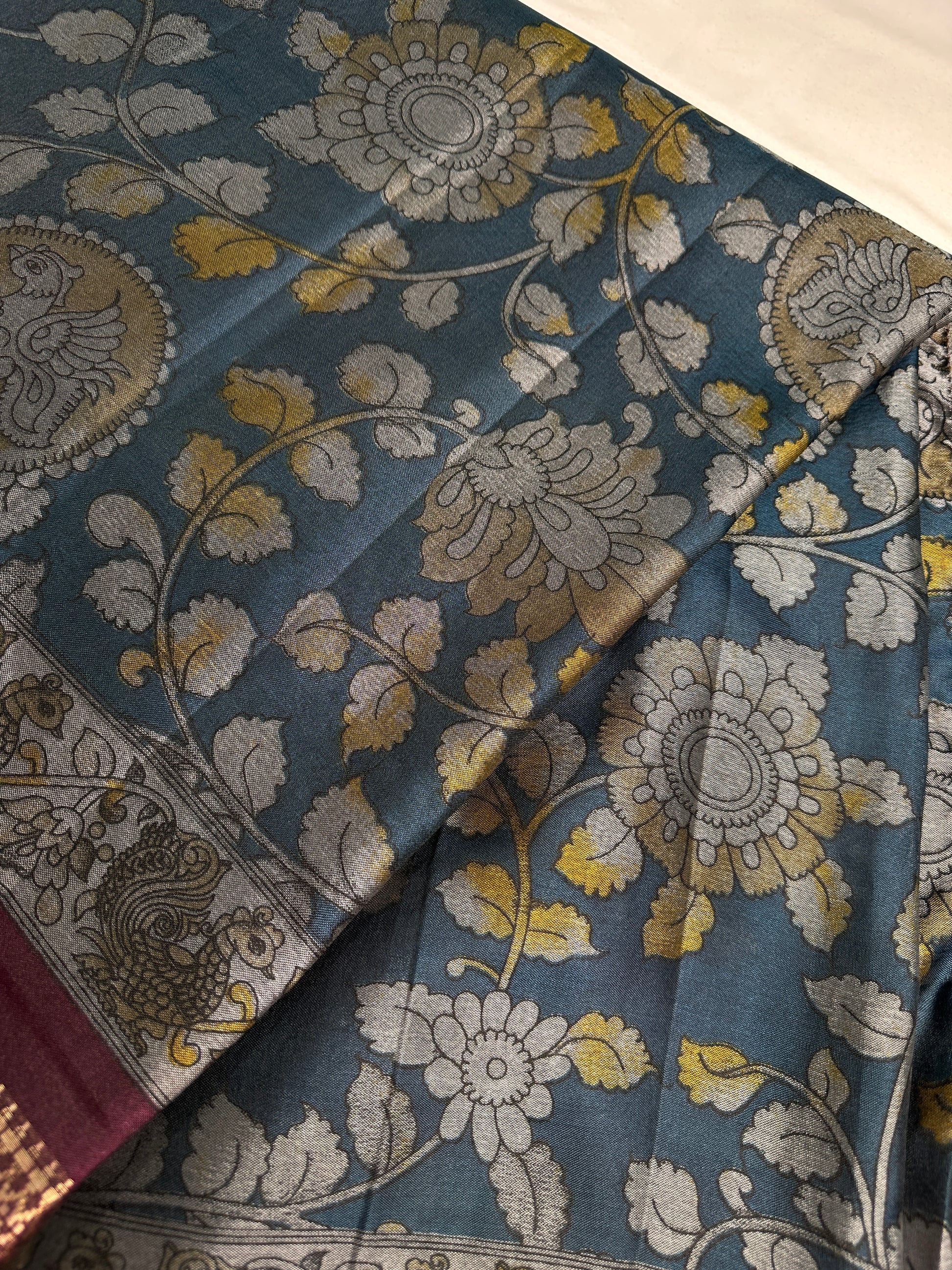 Blue Kalamkari Printed Light Weight Semi Tussar Saree - 