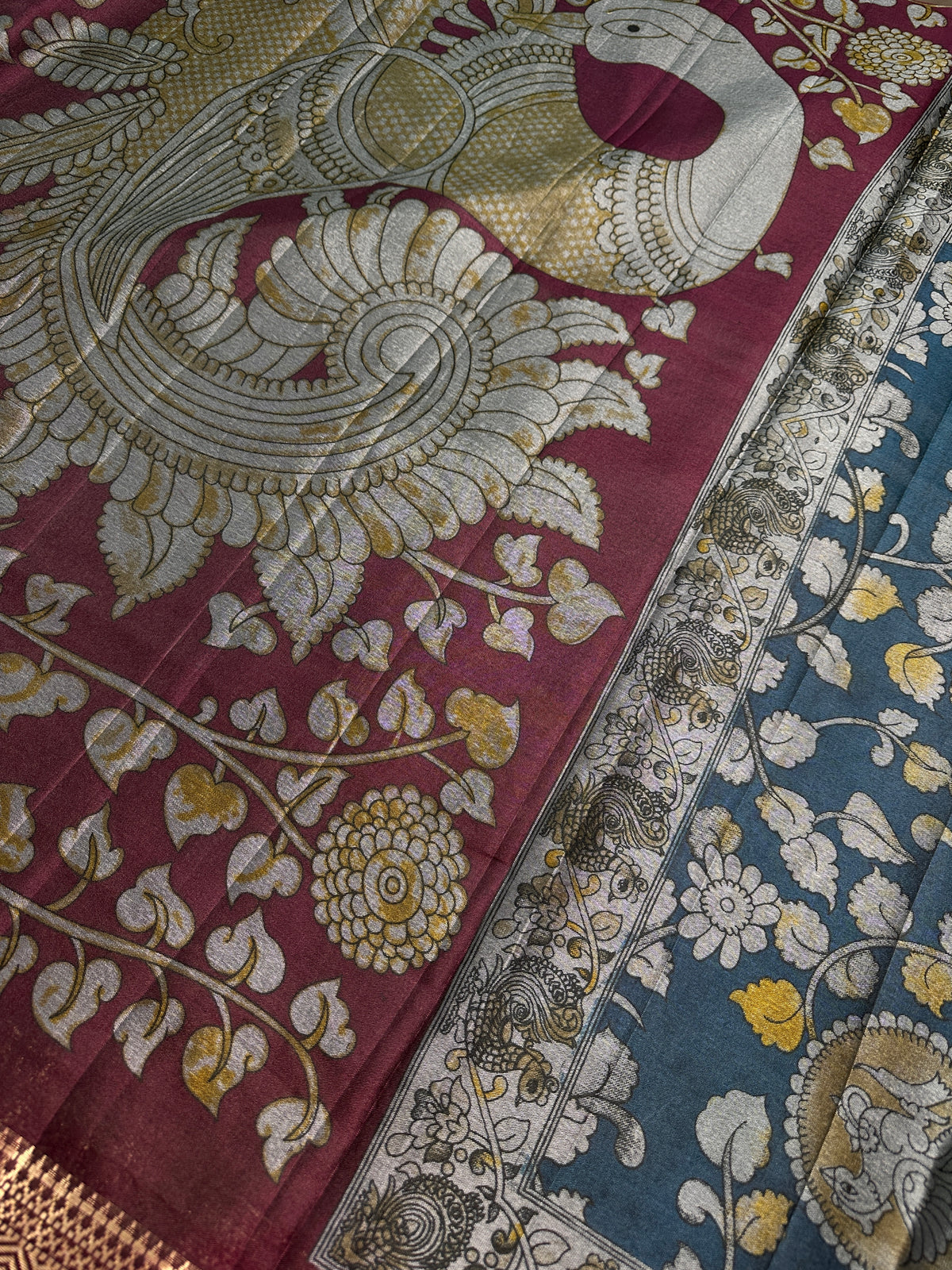 Blue Kalamkari Printed Light Weight Semi Tussar Saree - 