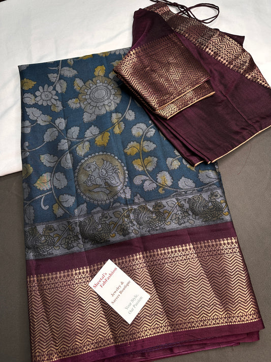 Blue Kalamkari Printed Light Weight Semi Tussar Saree - 