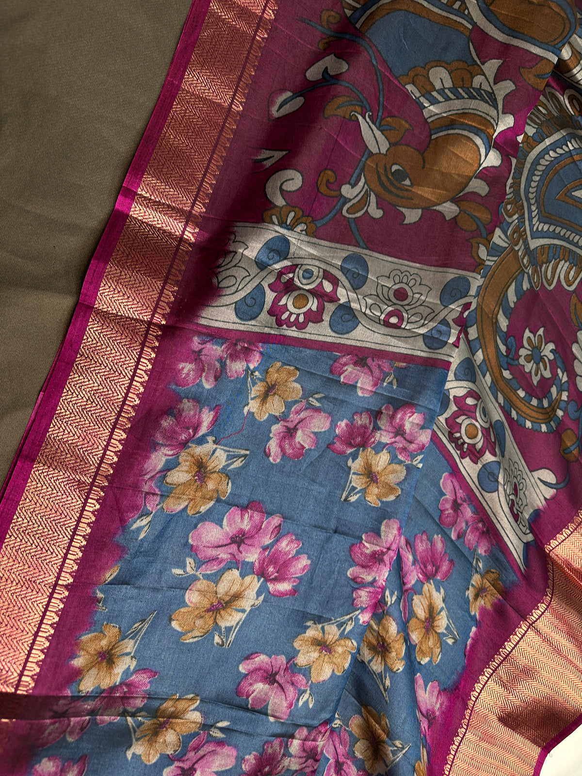 Blue Maggenta Kalamkari Printed Light Weight Semi Tussar Saree - 