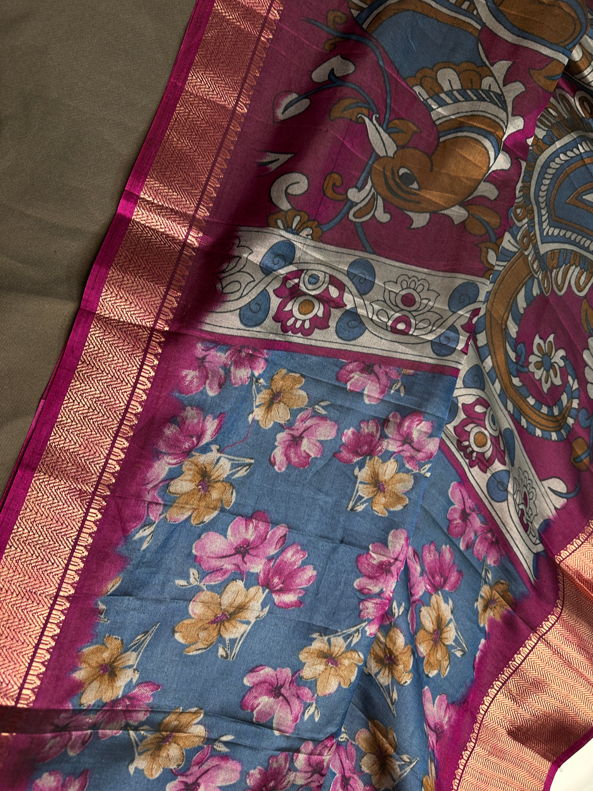 Blue Maggenta Kalamkari Printed Light Weight Semi Tussar Saree - 
