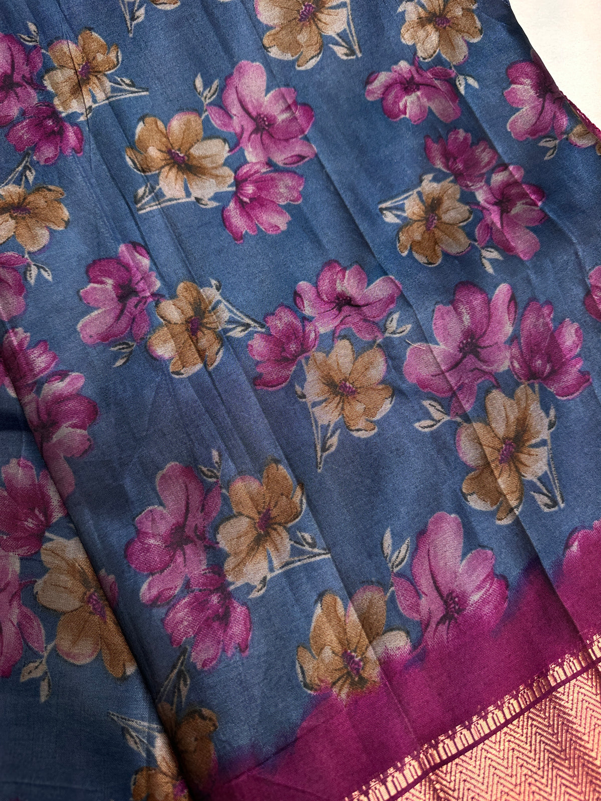 Blue Maggenta Kalamkari Printed Light Weight Semi Tussar Saree - 