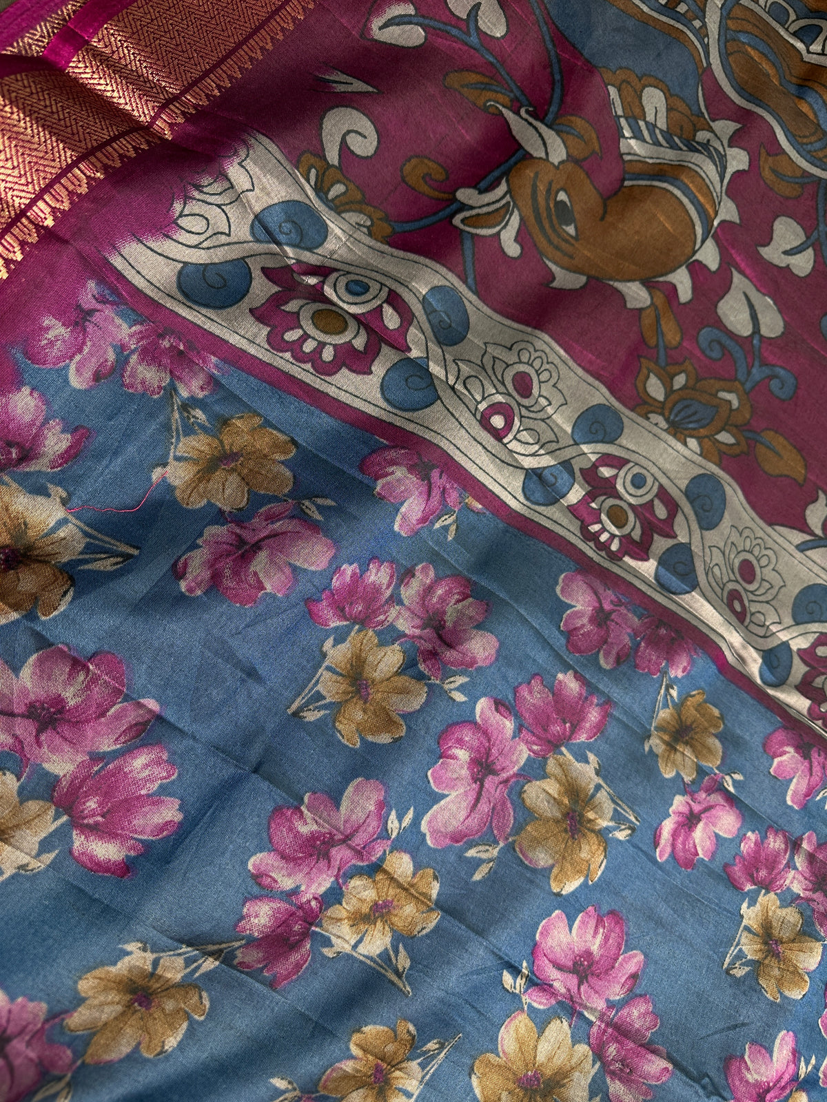 Blue Maggenta Kalamkari Printed Light Weight Semi Tussar Saree - 