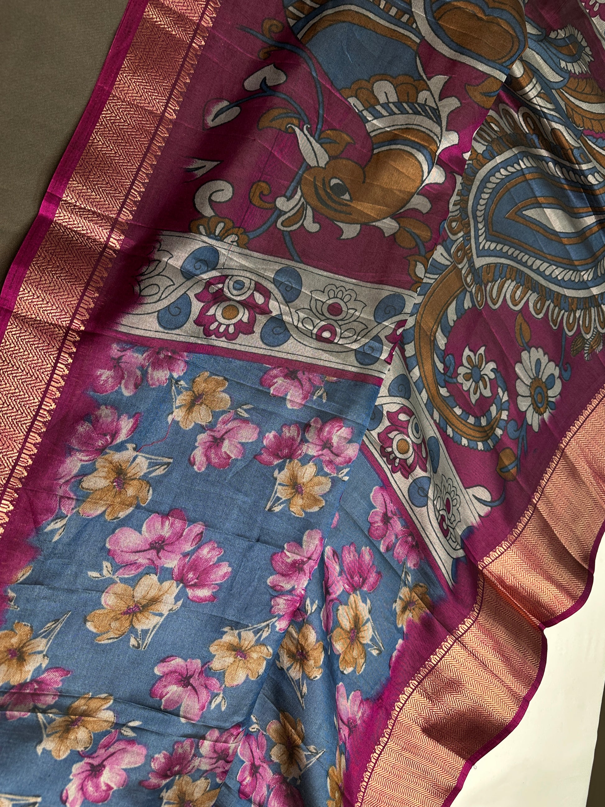 Blue Maggenta Kalamkari Printed Light Weight Semi Tussar Saree - 