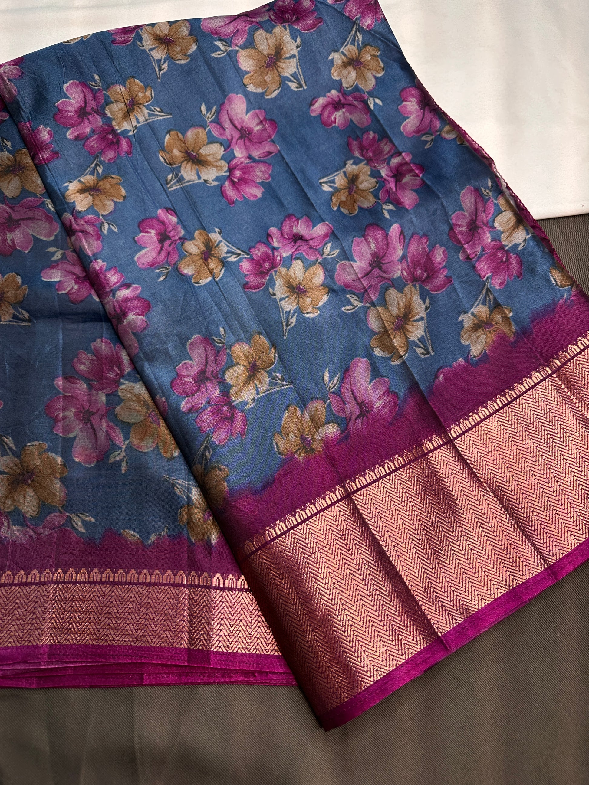 Blue Maggenta Kalamkari Printed Light Weight Semi Tussar Saree - 