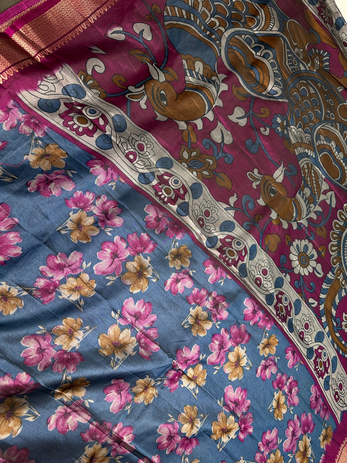 Blue Maggenta Kalamkari Printed Light Weight Semi Tussar Saree - 