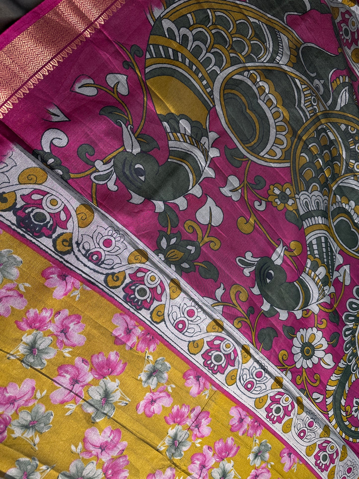 Green Maggenta Kalamkari Printed Light Weight Semi Tussar Saree - 