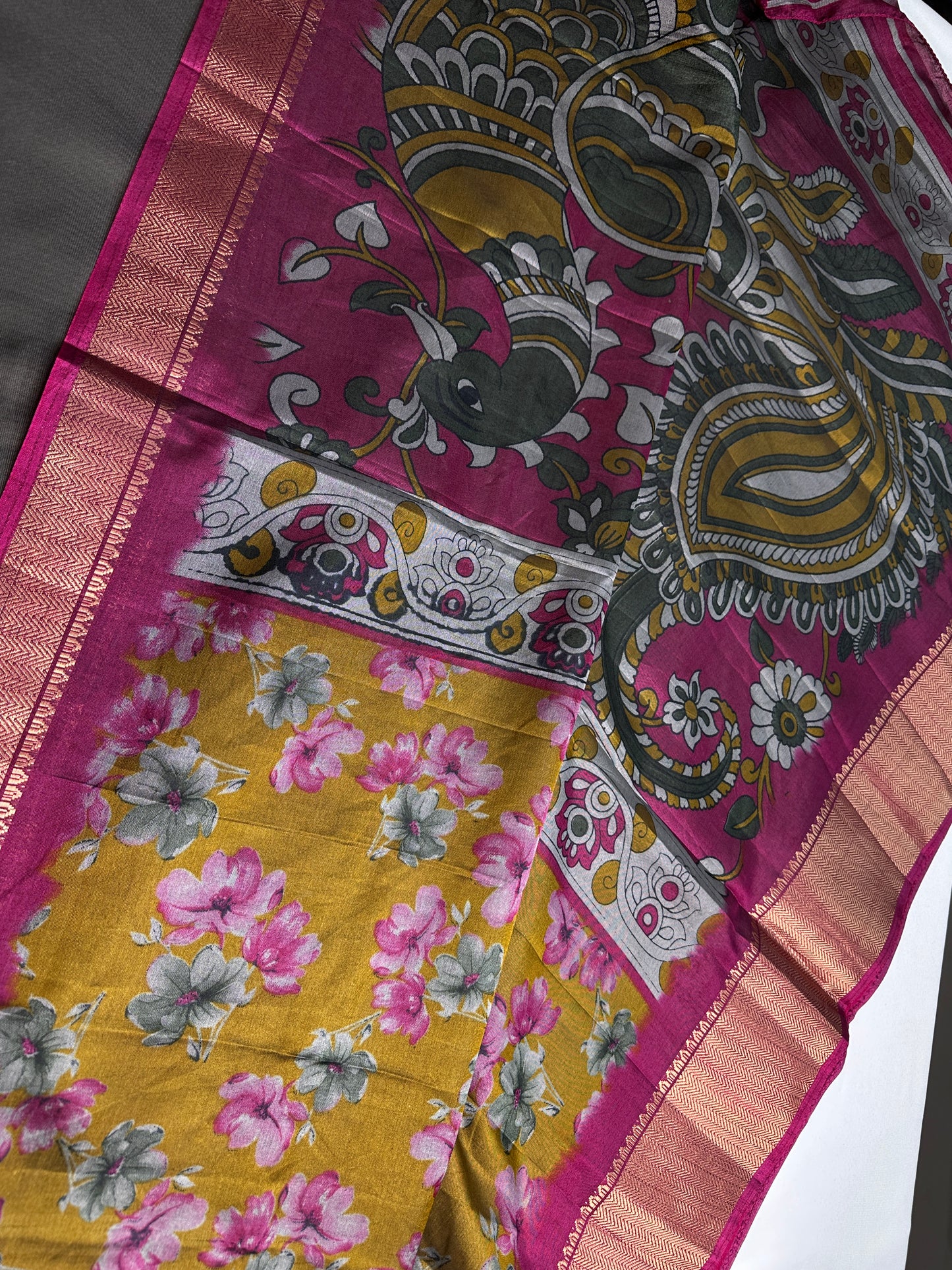 Green Maggenta Kalamkari Printed Light Weight Semi Tussar Saree - 