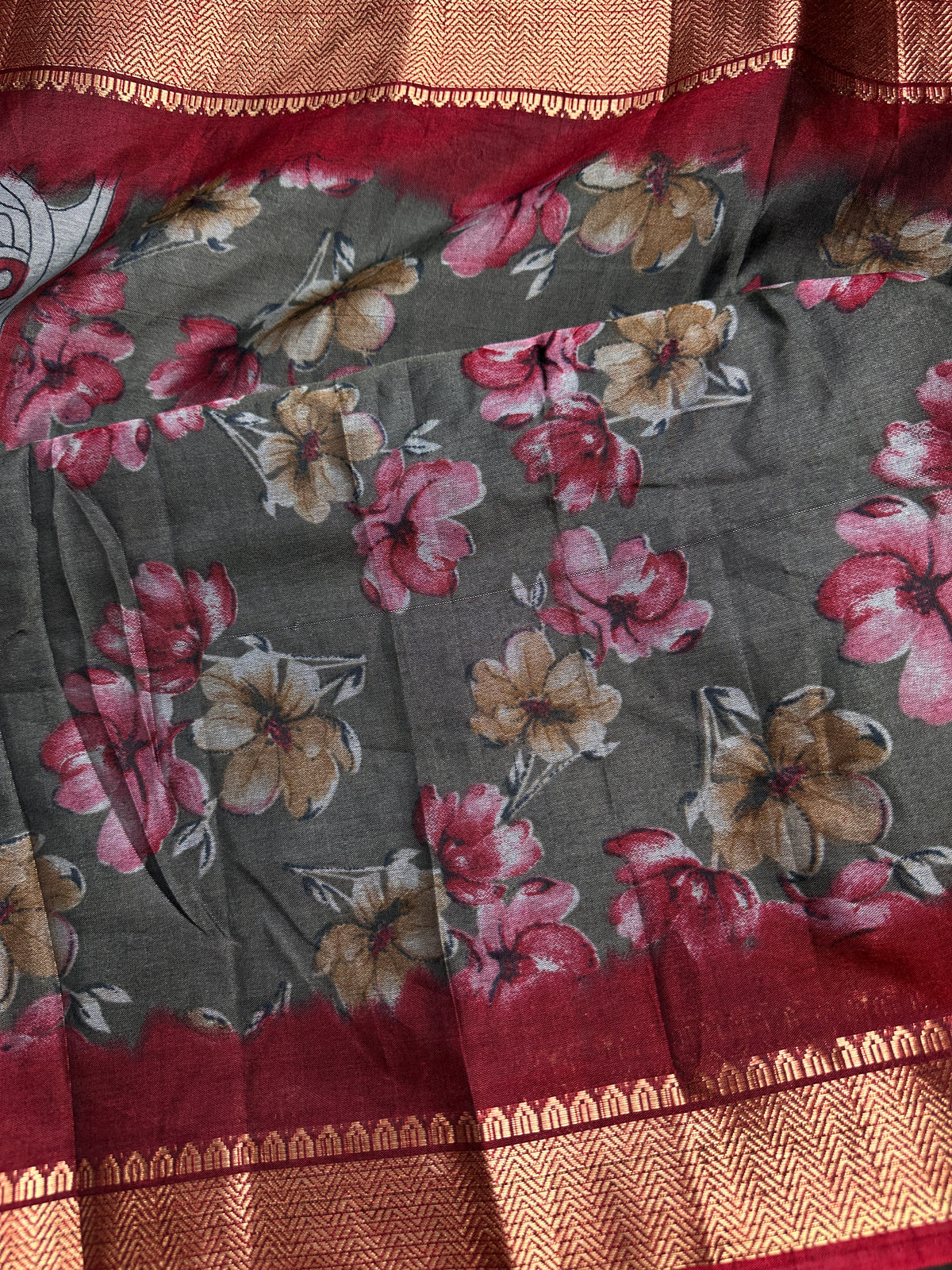 Grey Maggenta Kalamkari Printed Light Weight Semi Tussar Saree - 