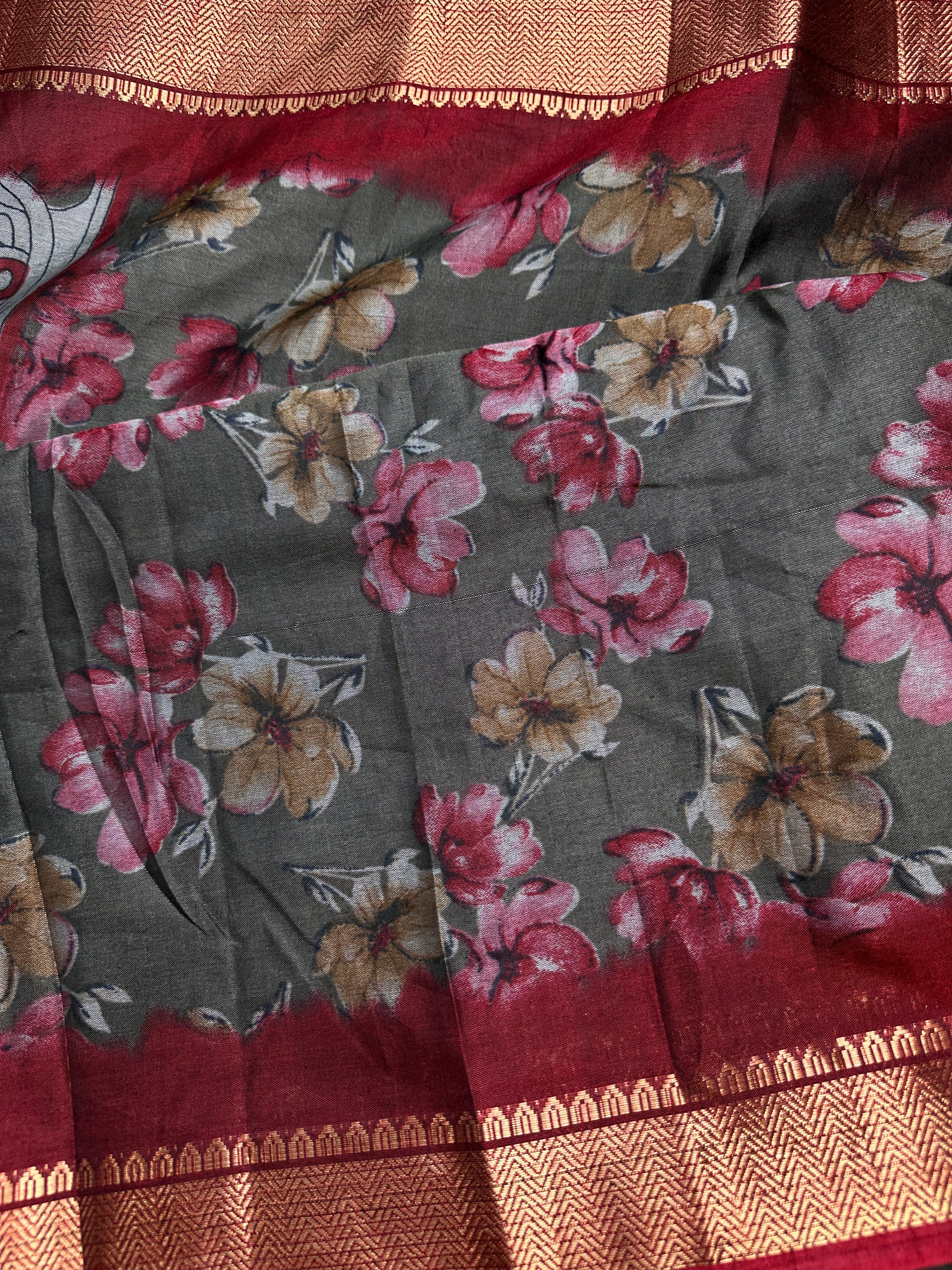 Grey Maggenta Kalamkari Printed Light Weight Semi Tussar Saree - 