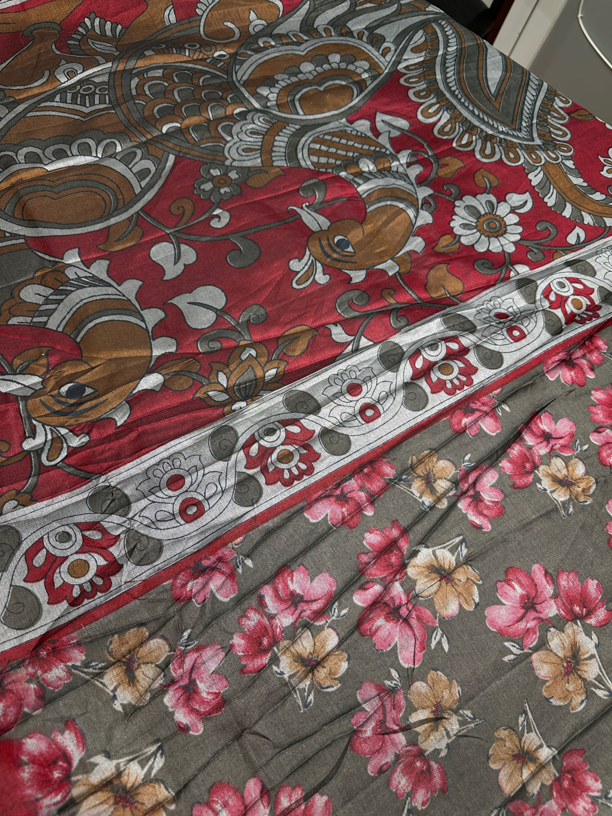 Grey Maggenta Kalamkari Printed Light Weight Semi Tussar Saree - 