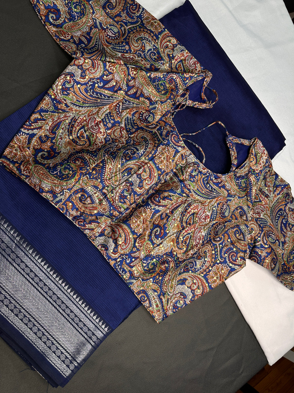 Blue Semi Mangalgiri Saree with Kalamkari Blouse - 