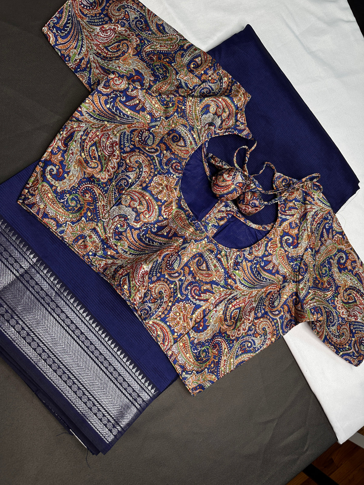 Blue Semi Mangalgiri Saree with Kalamkari Blouse - 
