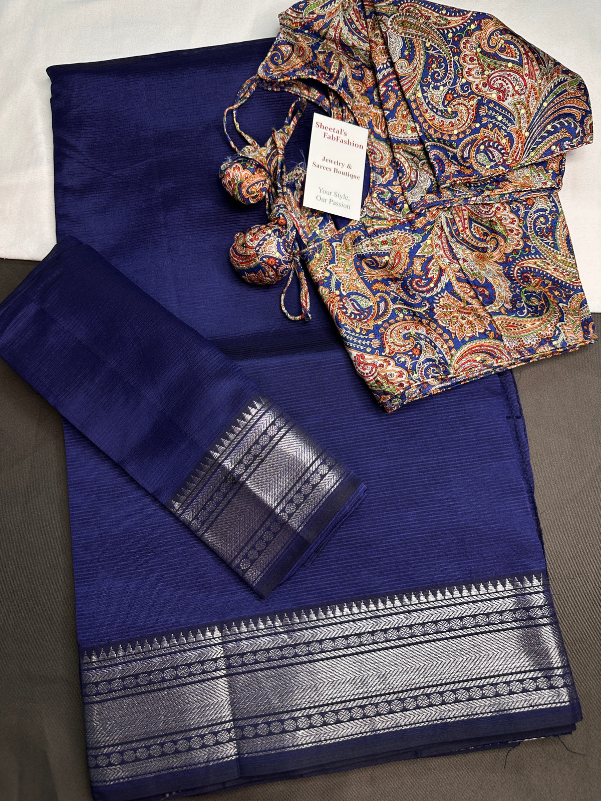 Blue Semi Mangalgiri Saree with Kalamkari Blouse - 