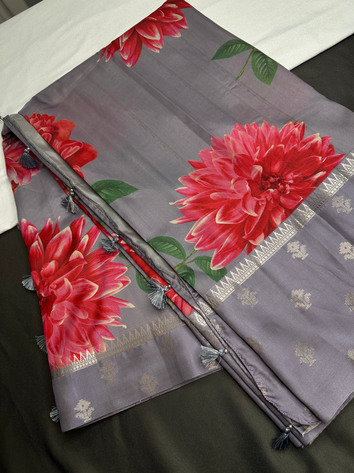 Grey Floral Semi Crepe Saree - 