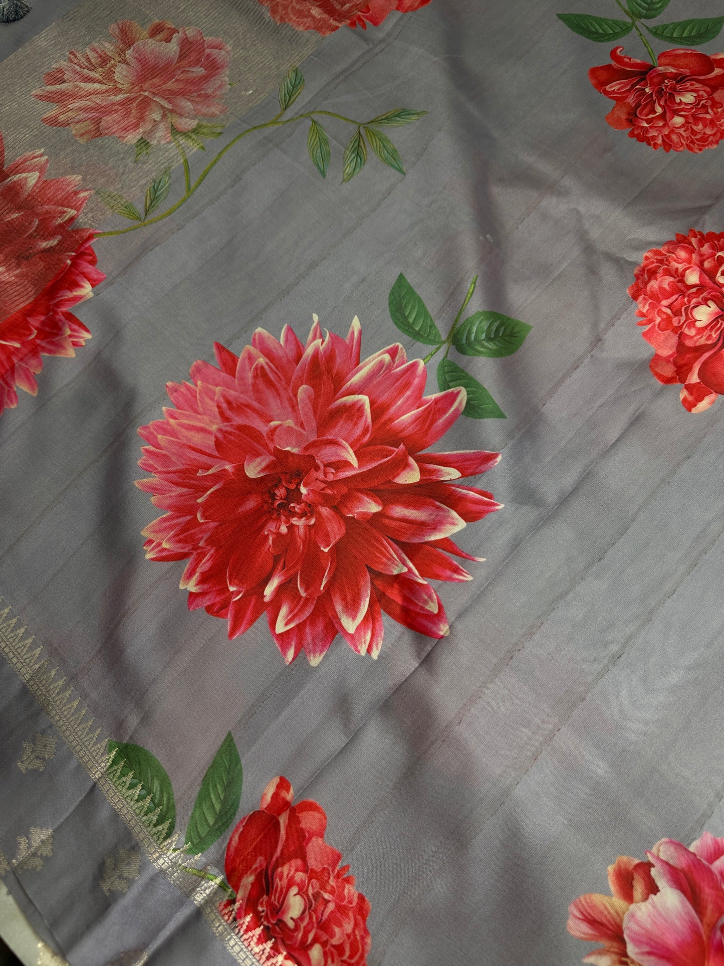 Grey Floral Semi Crepe Saree - 