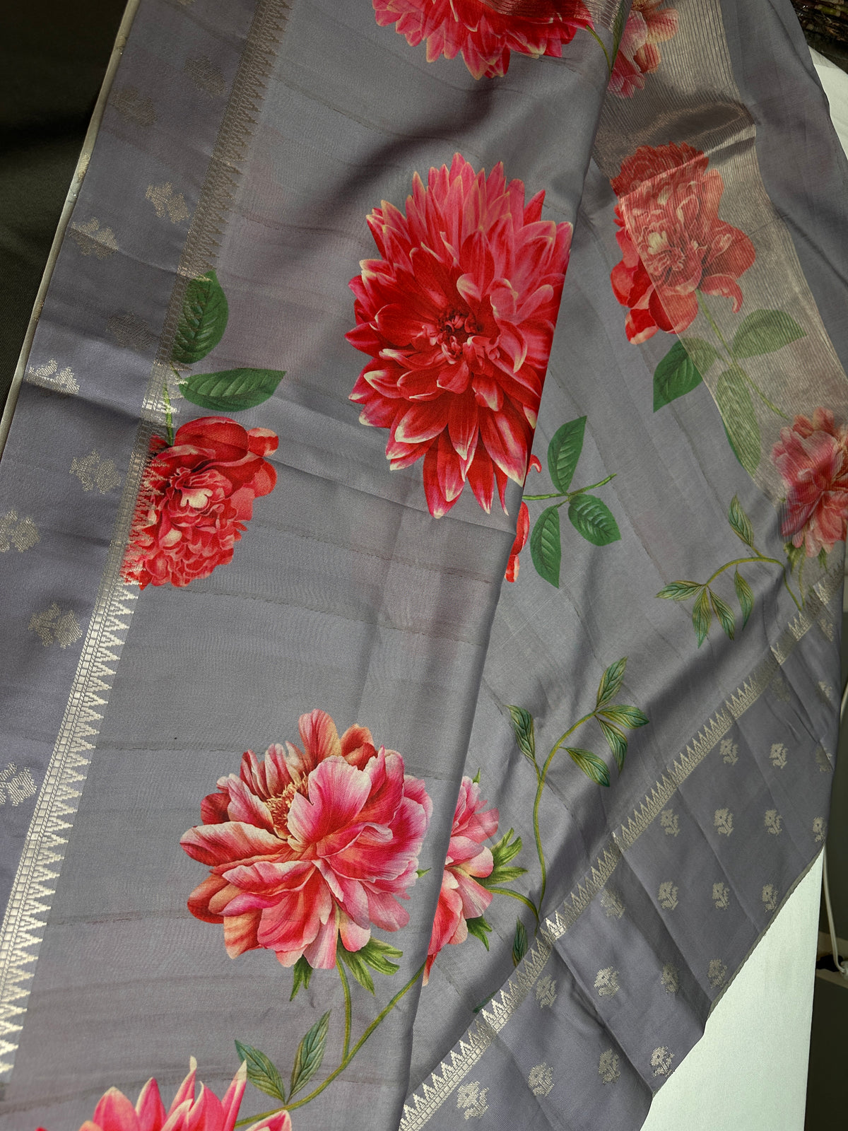 Grey Floral Semi Crepe Saree - 