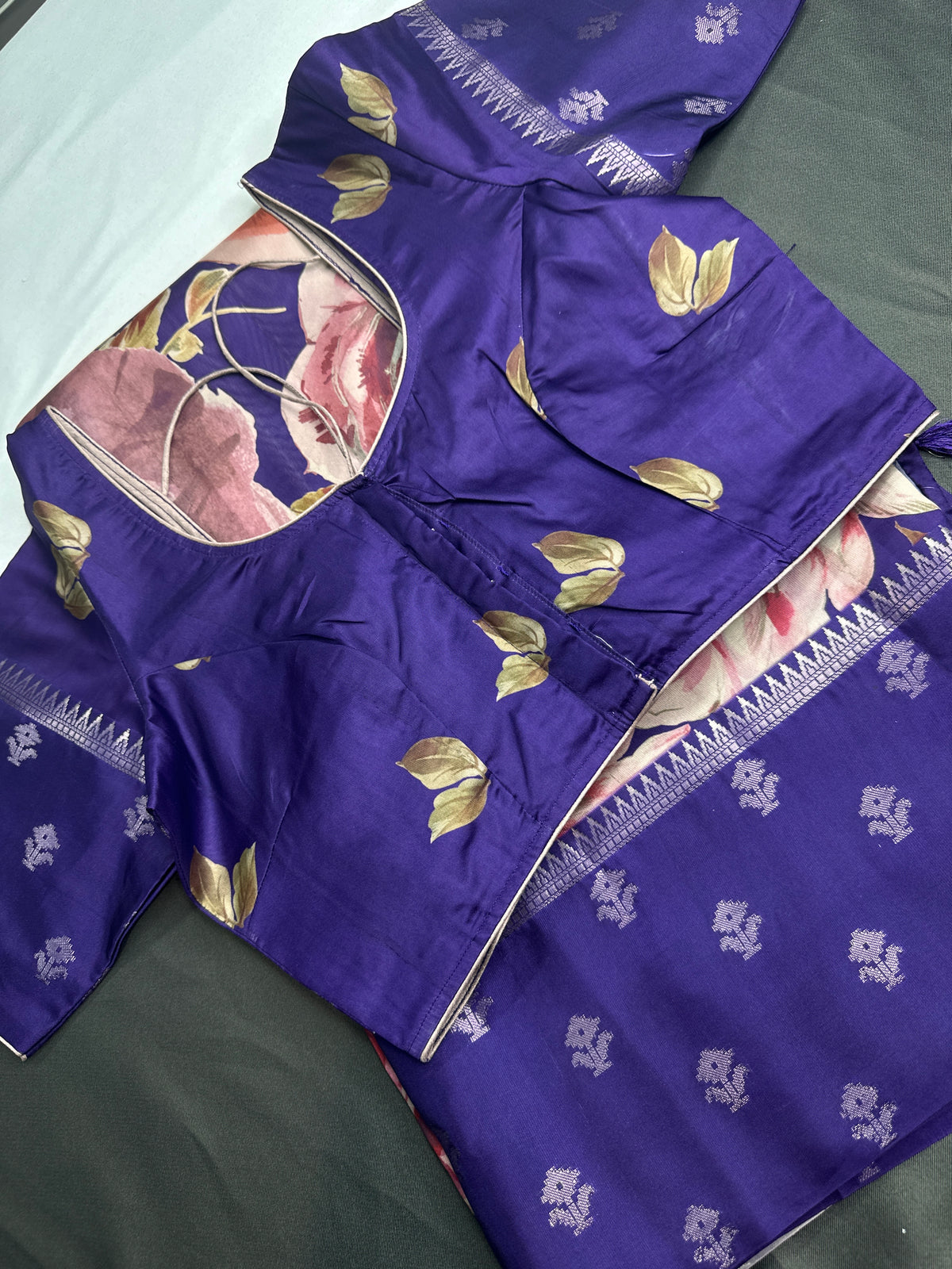 Purple Floral Semi Crepe Saree - 
