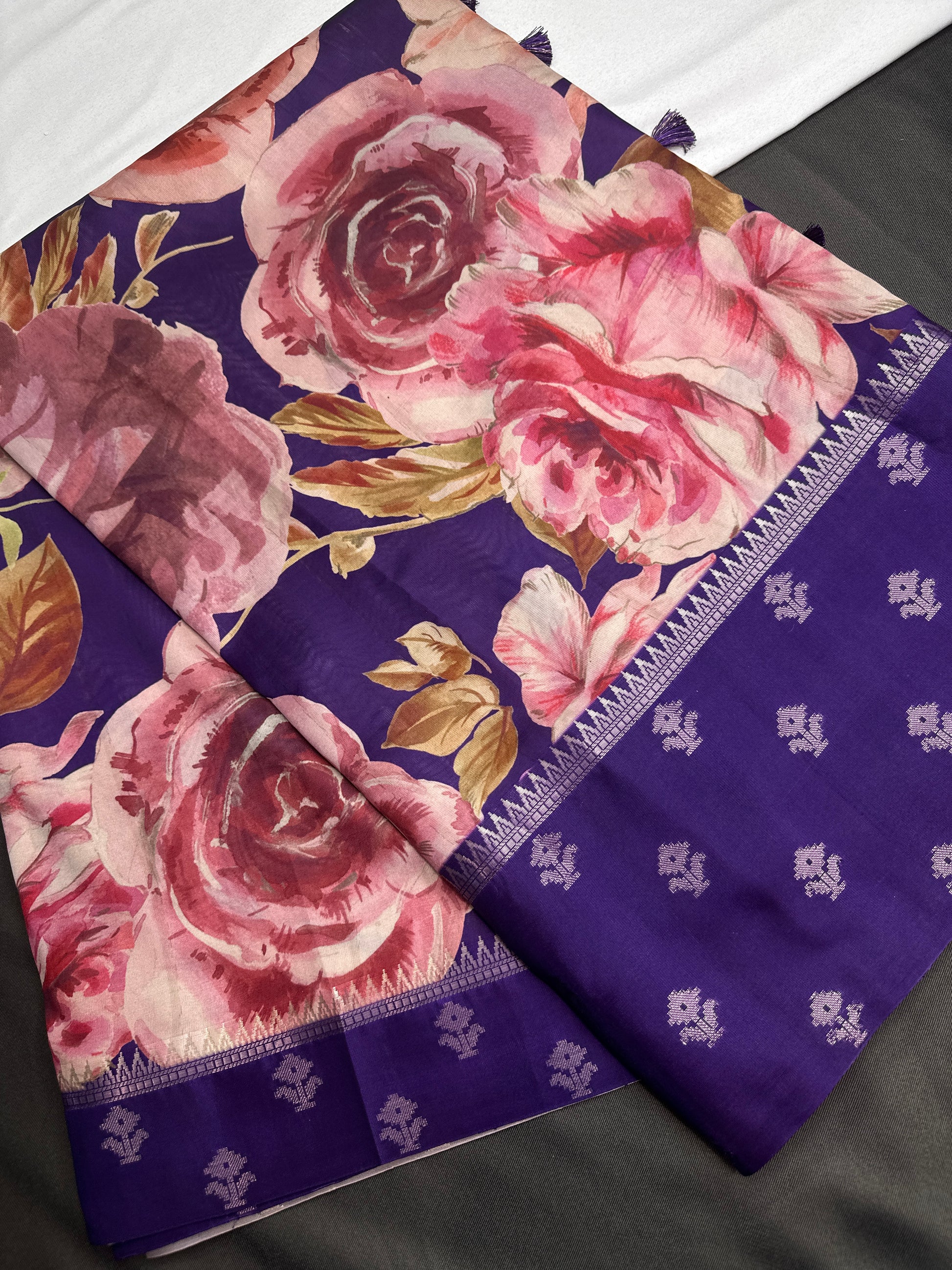 Purple Floral Semi Crepe Saree - 