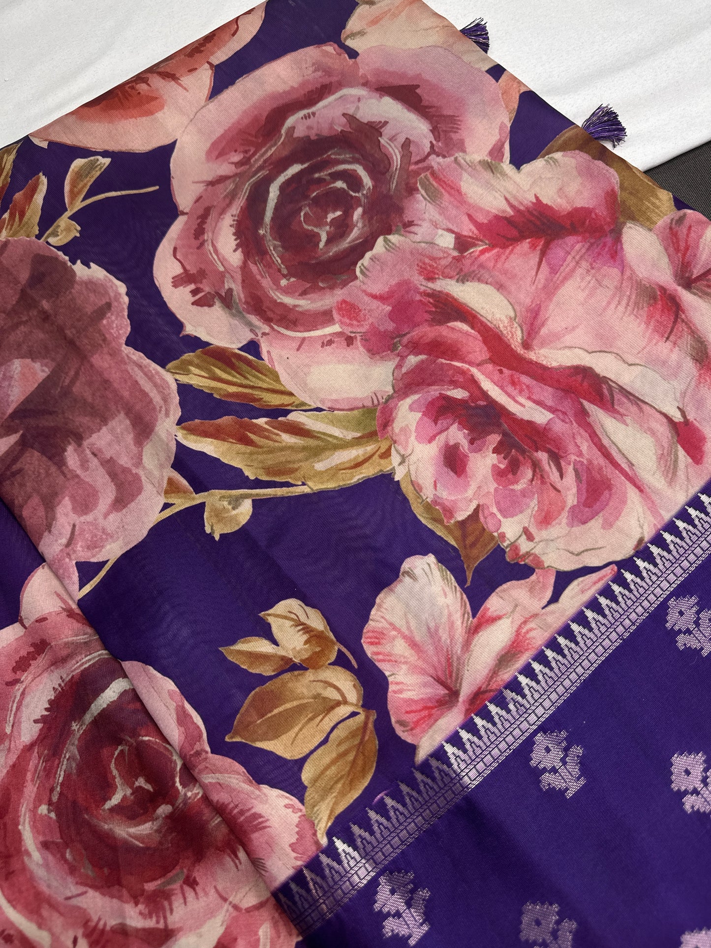 Purple Floral Semi Crepe Saree - 