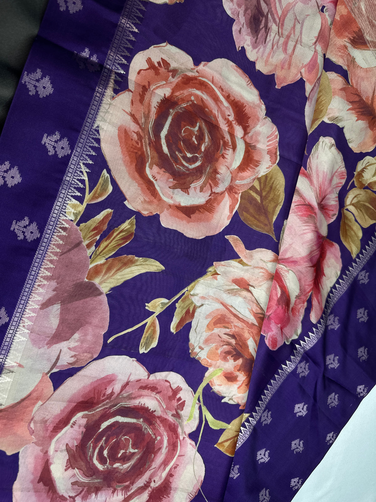Purple Floral Semi Crepe Saree - 