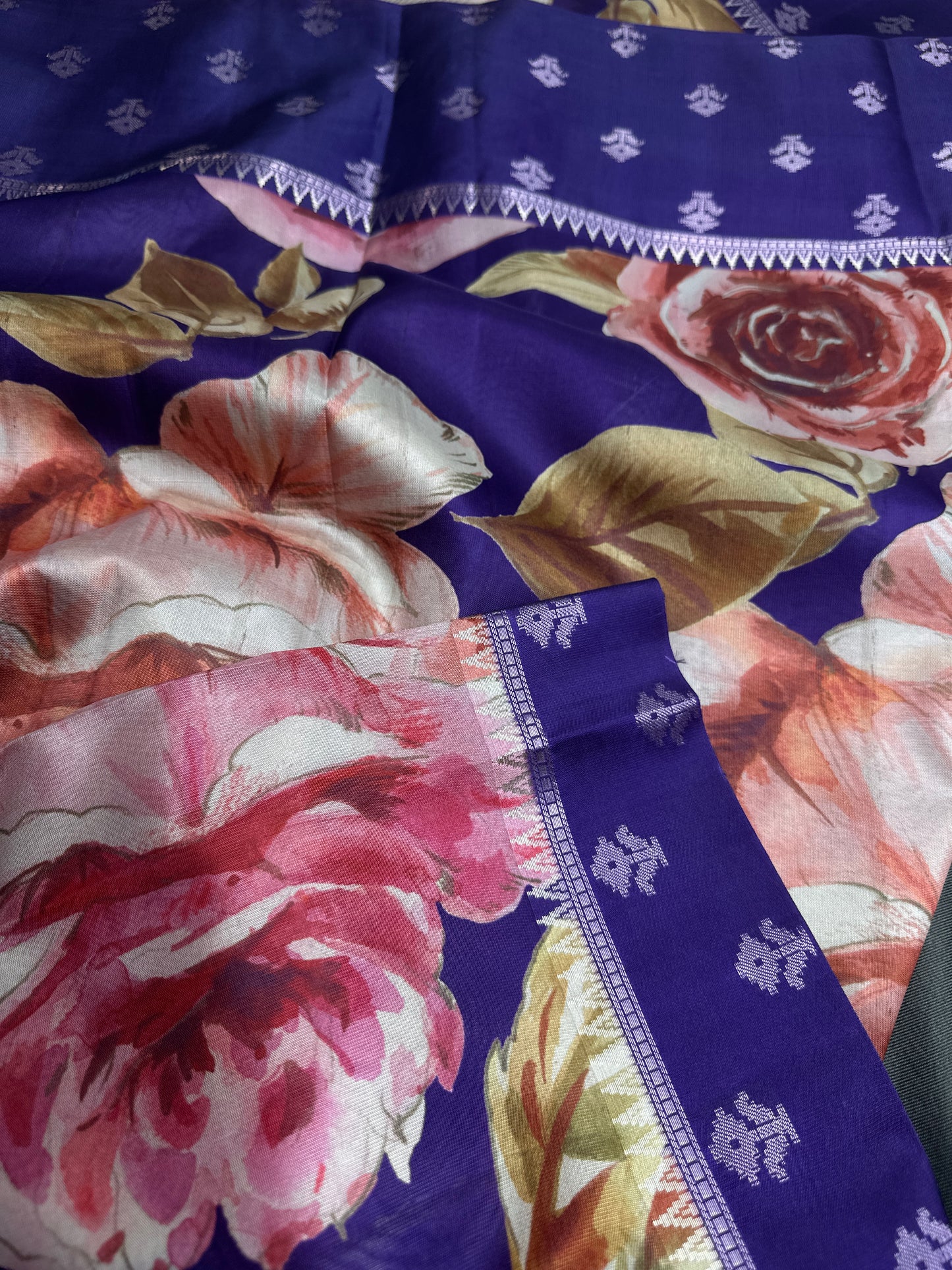 Purple Floral Semi Crepe Saree - 