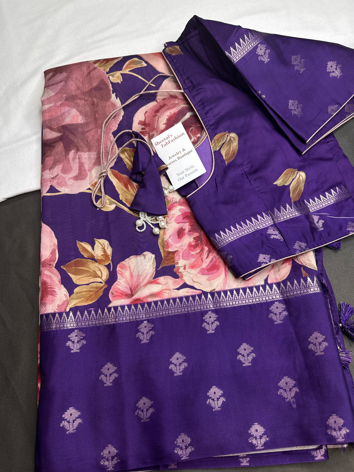 Purple Floral Semi Crepe Saree - 