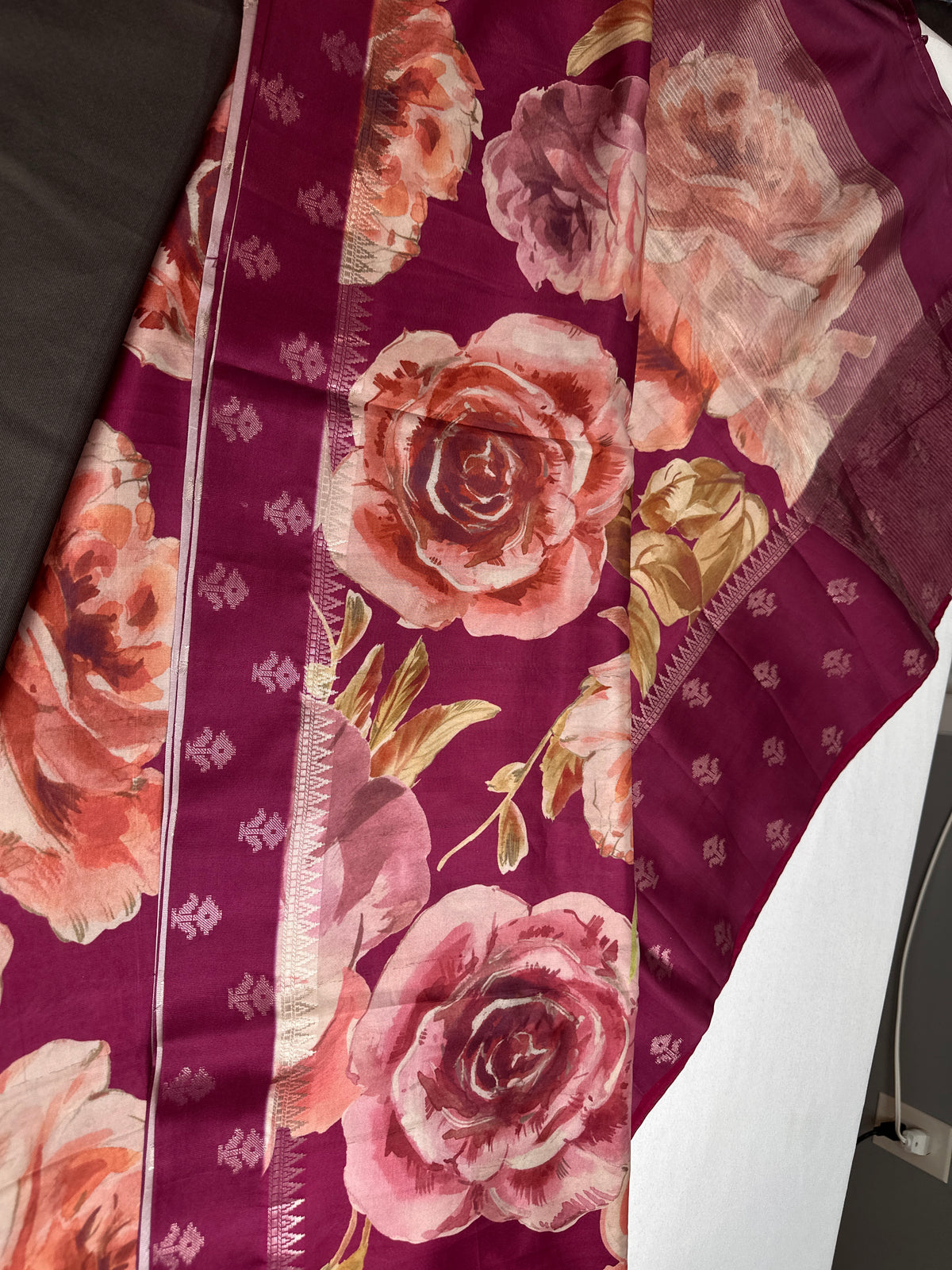 Magenta Floral Semi Crepe Saree - 