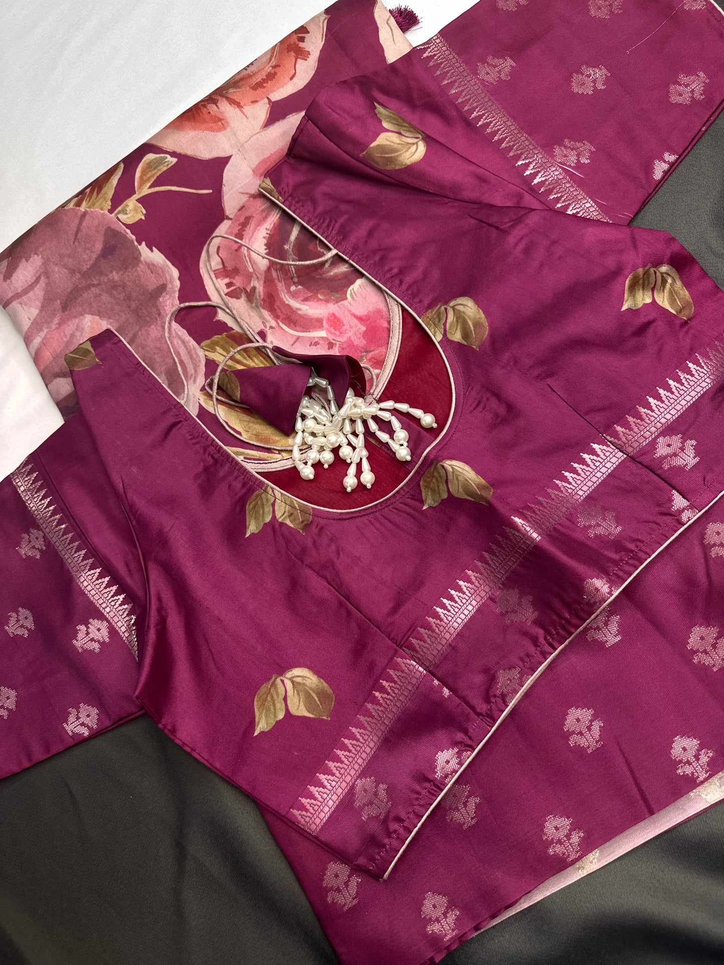 Magenta Floral Semi Crepe Saree - 